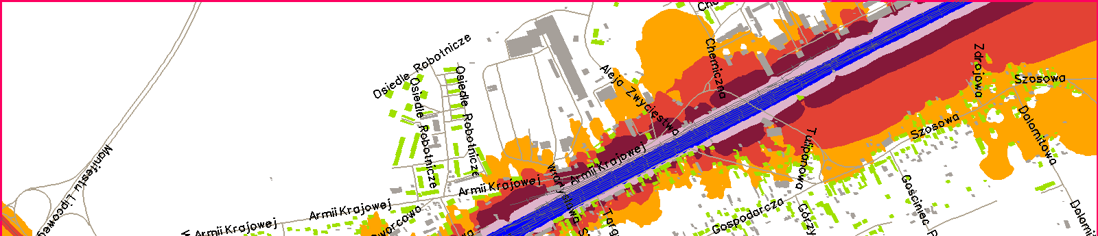 Mapa rozkładu hałasu kolejowego dla wskaźnika L DWN Obszar K2: rejon ul. M.