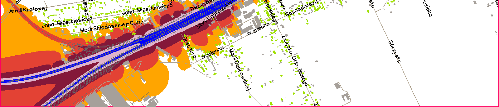 42 Mapa rozkładu hałasu kolejowego dla wskaźnika L DWN a) Polepszenie jakości