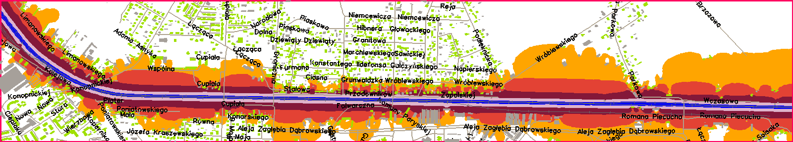 Mapa rozkładu hałasu kolejowego dla wskaźnika L DWN Obszar K3: rejon ul.