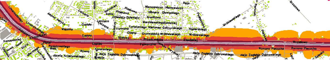 Mapa rozkładu hałasu kolejowego dla wskaźnika L DWN a) Szlifowanie szyn Obszar K3: rejon ul.