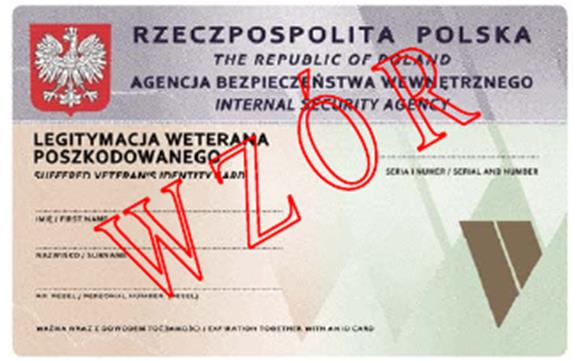 Wzór nr 62 do 37 WZÓR LEGITYMACJI WETERANA POSZKODOWANEGO-FUNKCJONARIUSZA AGENCJI BEZPIECZEŃSTWA WEWNĘTRZNEGO Opis: Legitymacja pozioma, w postaci karty o wymiarach 54 mm x 86 mm, wykonana na