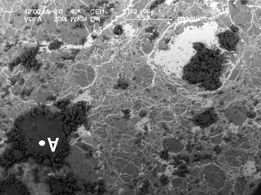 42 Wietrzenie meteorytów Saint-Aubin i Zegdou w kolekcjach Fig. 8. Powierzchnia meteorytu Zegdou Nr 1 pokryta uwodnionym siarczanem magnezu (pkt A miejsce analizy). Jasne żyłki to wodorotlenki żelaza.