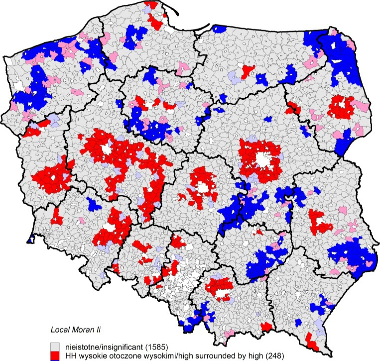 366 Patrycjusz Zarębski Rysunek 2. Statystyka lokalna Morana Ii dla zmiany liczby przedsiębiorstw na 1000 mieszkańców Figure 2.