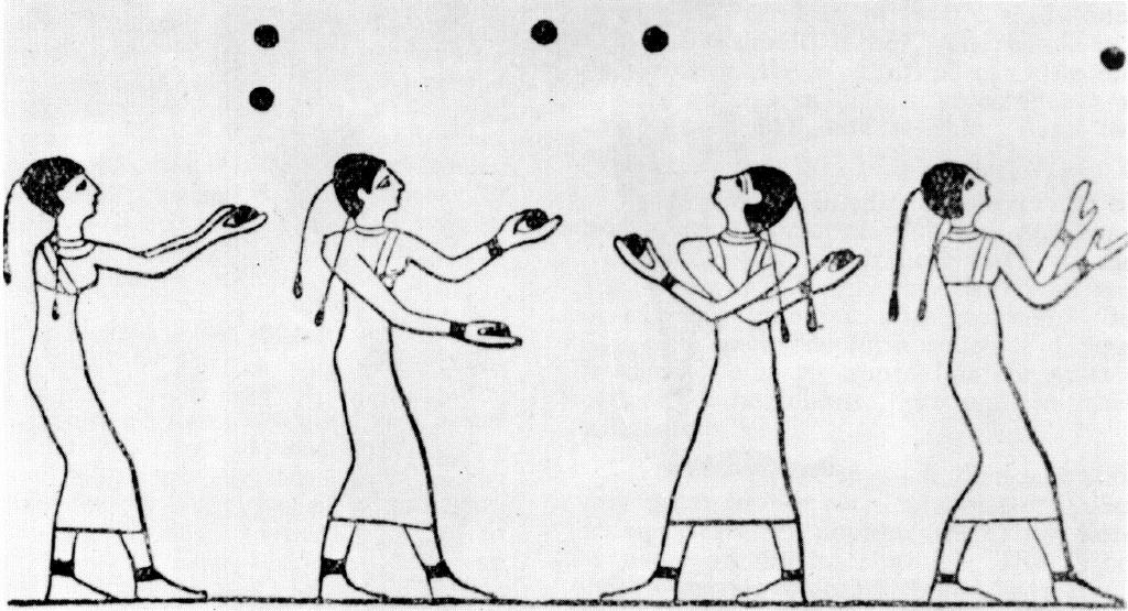 Historia Żonglerki "Najwcześniejsze znane przedstawienie żonglerki pochodzi z egipskiego 15. grobowca Beni Hassan datowanego na 1994-1781 p.n.e" [2] "Evans wykazał, że przedstawienia o charakterze cyrkowym były prezentowane publicznie już około 2400 r p.