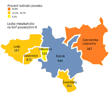 Ludność Rysunek 1. Rozkład ludności w poszczególnych gminach powiatu rybnickiego i w Rybniku Według stanu z 31.12.2014 r. Źródło danych: http://www.stat.gov.