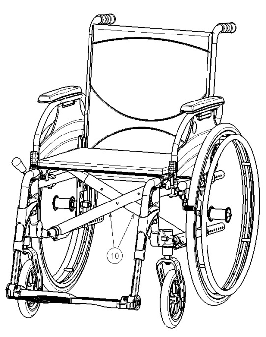 3 Rysunek 1 = Podłokietniki 2 = Oparcia na dłonie 3 = Podnóżki 4 = Hamulce 5 = Koła skrętne (przednie) 6 = Koła napędowe (tylnie) 7 = Siedzisko 8 = Oparcie 9 = Zaślepka 10 =