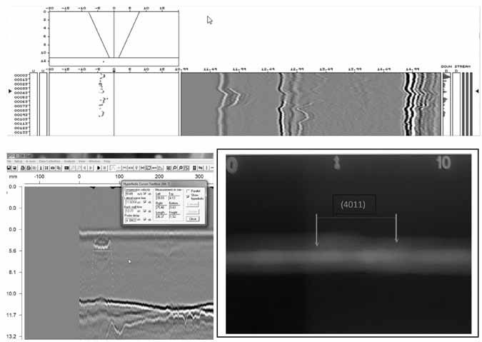 ultradźwiękami odcinku (4012+4013): X + l x = 1600 + 330 mm; (na radiogramie naniesiono informacyjnie przebieg wskazań przyklejenia obserwowany na oryginalnym rdg analogowym) ig. 9.