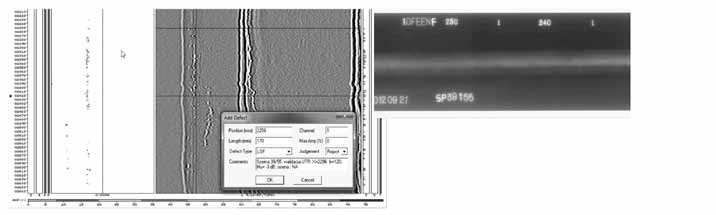 l x = 1600 + 330 mm; (on the film is digitally viewed the course of lack of fusion on original analog radiograph). Rys. 10.