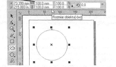 4. Upewnij si, e narysowany przez Ciebie okrg ma szeroko i wysoko równ 100 mm i wpisz odpowiednie wartoci do okienek na pasku