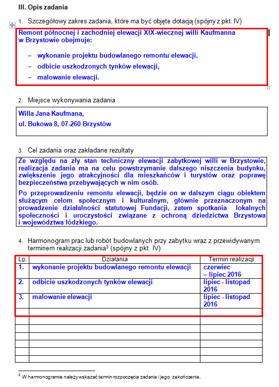 Szczegółowy zakres zadania spójny z kosztorysem i harmonogramem (pkt III.4 i IV wniosku), tzn. wszystkie rodzaje kosztów wskazane w kosztorysie powinny znaleźć odzwierciedlenie w opisie zadania.