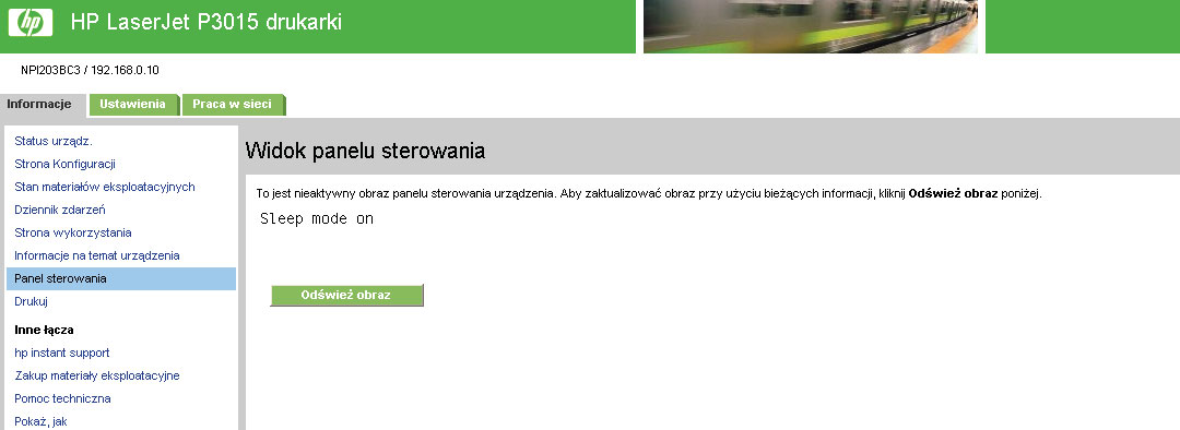 Zrzut ekranu Panel sterowania Ekran Zrzut ekranu Panel sterowania przedstawia widok wyświetlacza panelu sterowania urządzenia.