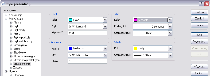 Zbrojenie 3: Nowe parametry prezentacji szkiców zbrojenia Dodano oddzielny styl prezentacji dla szkiców zbrojenia, dzięki czemu można dowolnie dostosować