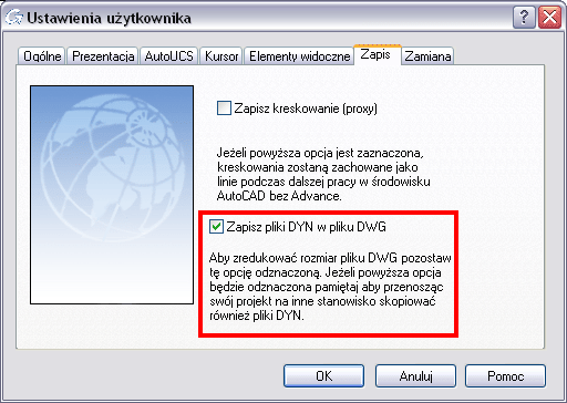 Dyn 4: Opcja zapobiegająca zapisowi plików DYN w pliku DWG Funkcjonalność dostępna w pakietach Professional i Premium.