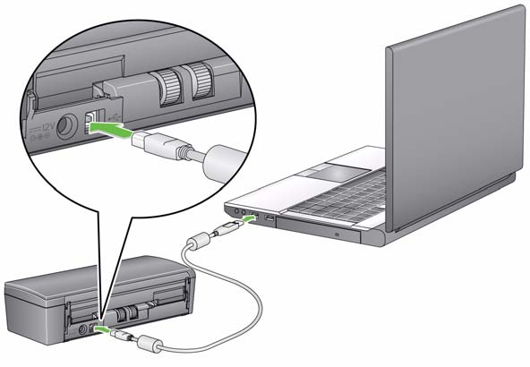 Opcja 2: podłączenie za pomocą kabla USB do przesyłu danych 1. Umieść wtyczkę kabla USB do przesyłu danych w porcie USB znajdującym się z tyłu obudowy skanera. 2. Wtyczkę znajdującą się na drugim końcu kabla USB do przesyłu danych podłącz do odpowiedniego portu USB komputera stacjonarnego lub przenośnego.