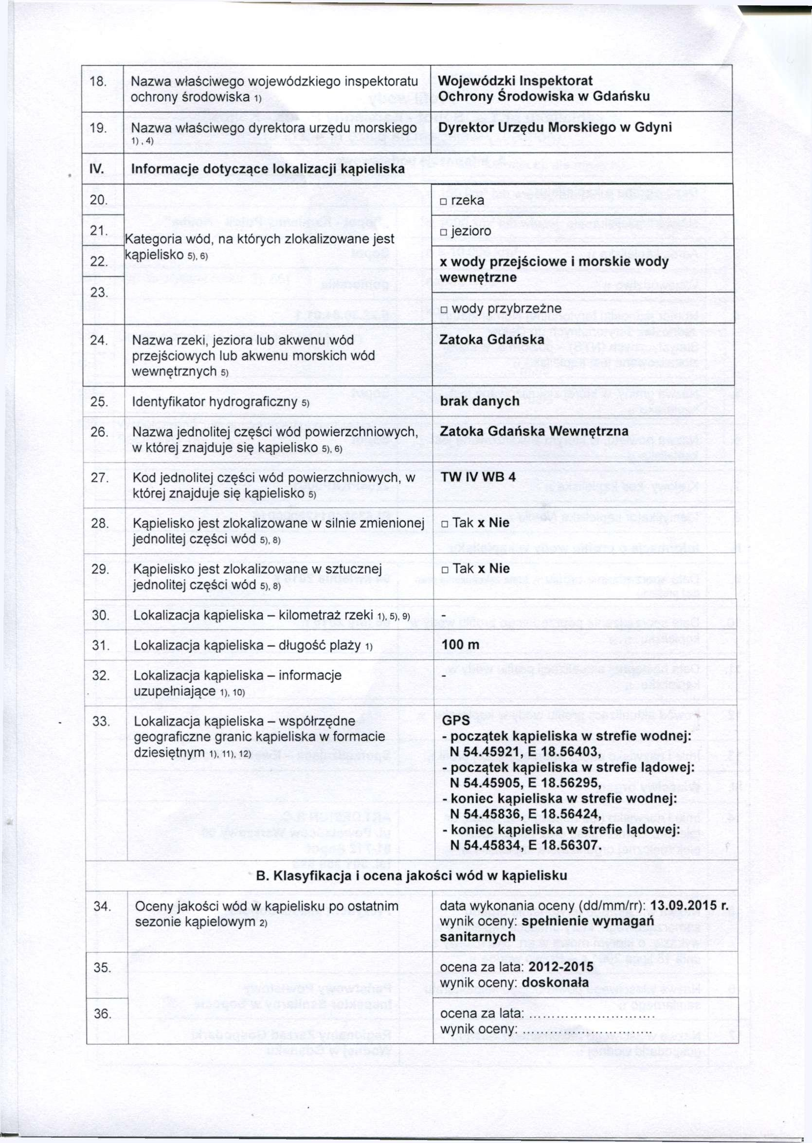 18. Nazwa właściwego wojewódzkiego inspektoratu ochrony środowiska i) 19. Nazwa właściwego dyrektora urzędu morskiego D.