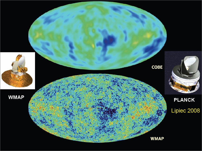 Niebo reliktowe Różnice temperatur: kolor niebieski niższa,czerwony - wyższa w pomiarach satelitów COBE (1989) i WMAP (2001).