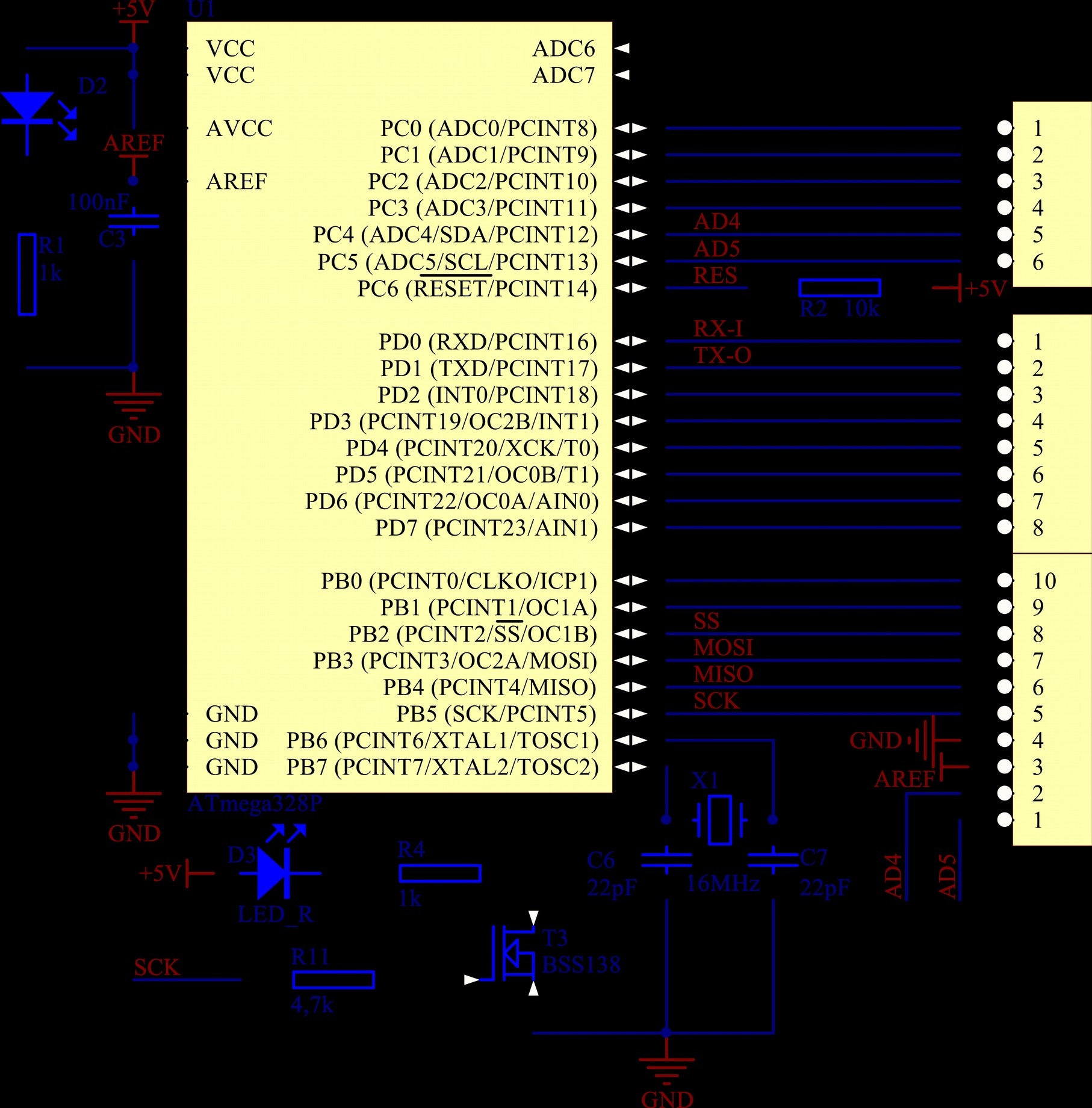 4 Mikrokontroler AVR ATmega328P Wbudowany mikrokontroler AVR ATmega328P firmy ATMEL pozwala na wykorzystanie płytki