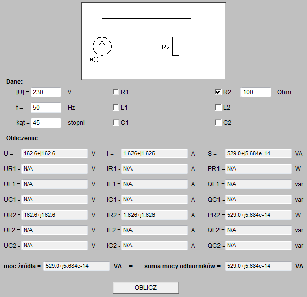 Panel z polami do wyświetlania obliczeń: napięć i prądów poszczególnych elementów oraz mocy tych elementów. 5.