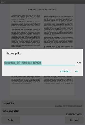 8 Skanowanie VII. Na tym etapie zeskanowanym danym, którym już przypisano nazwę w skanerze, można zmienić nazwę. W razie potrzeby wprowadź nową nazwę pliku, a następnie wskaż przycisk OK. VIII.