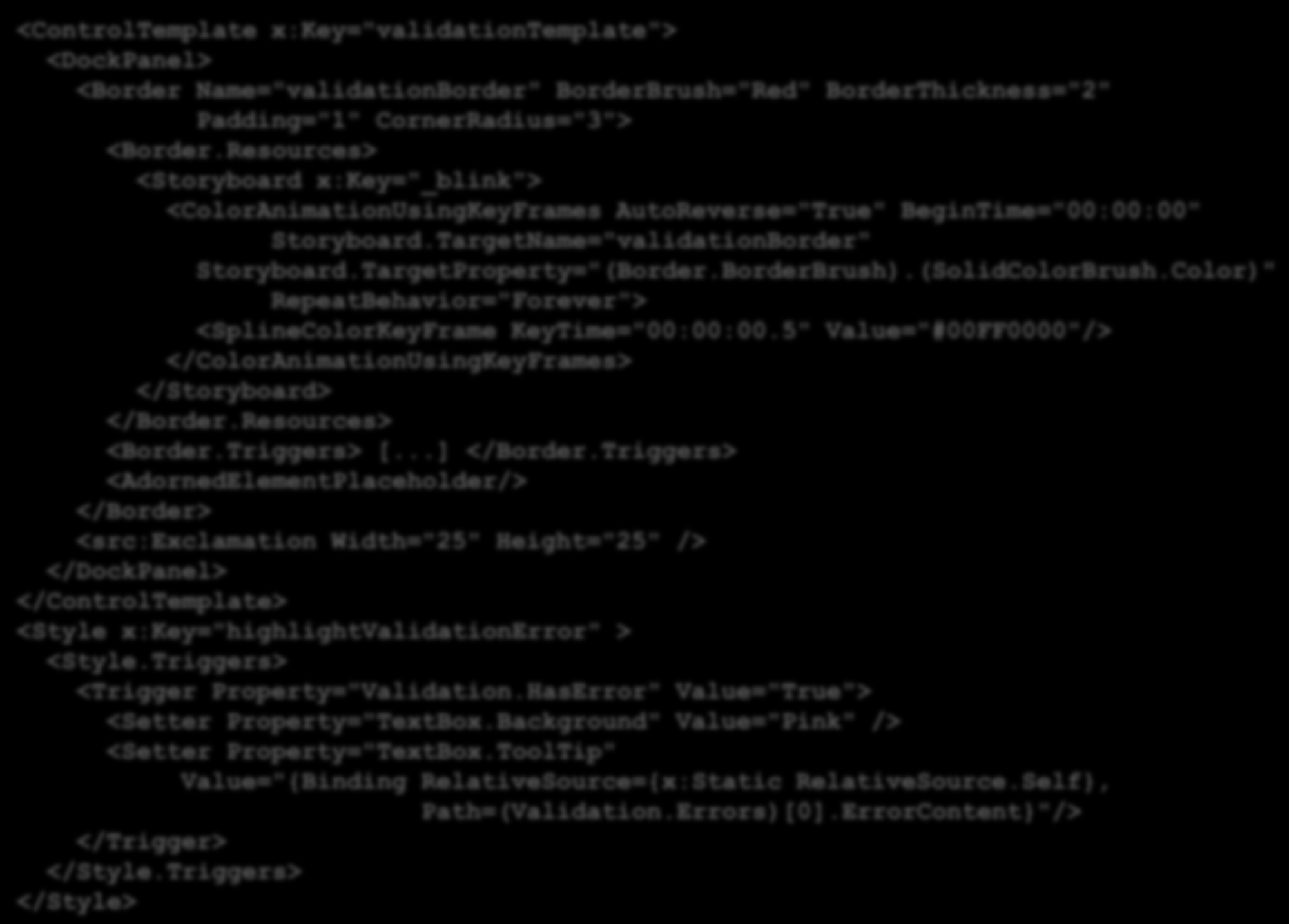 <ControlTemplate Programowanie x:key="validationtemplate"> w środowisku Windows Wykład 10-36 <DockPanel> <Border Name="validationBorder" BorderBrush="Red" BorderThickness="2" Validation Padding="1"