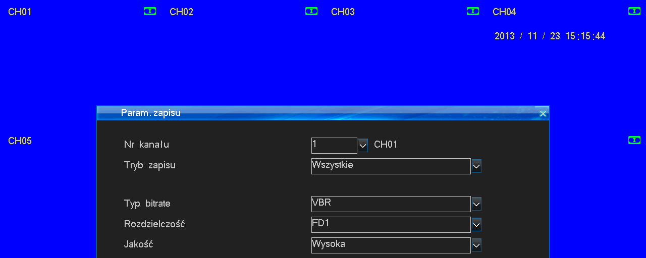 Nr kanału wybierz interesujący Cię kanał Tryb zapisu określ tryb zapisu Bitrate type / Typ bitrate Określ pasmo przepustowości przechwytywanego obrazu dla danego kanału: VBR - adaptacyjne/zmienne