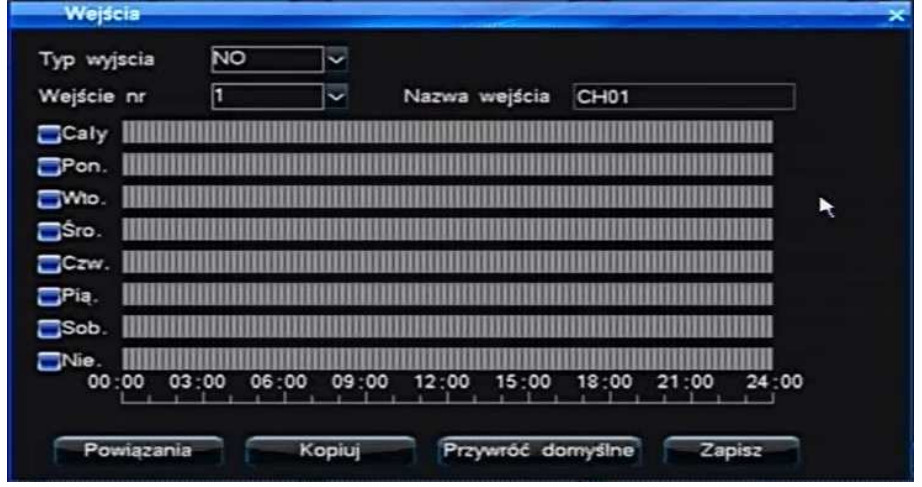 Channel no. / Wejście nr. Wybierz wejście alarmowe, dla którego będą określane parametry. Sensor name / Nazwa wejścia - Wprowadź nazwę czujnika. W tabeli harmonogramu, można wł./wył.