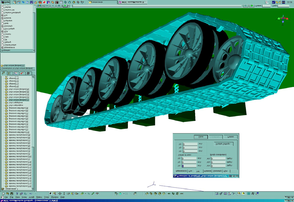 Rys. 6. Kompletny model 3D gąsienicowego układu trakcyjnego wybranego czołgu podstawowego po wyeksportowaniu do zintegrowanego z systemem MCAD programu MCAE MSC.