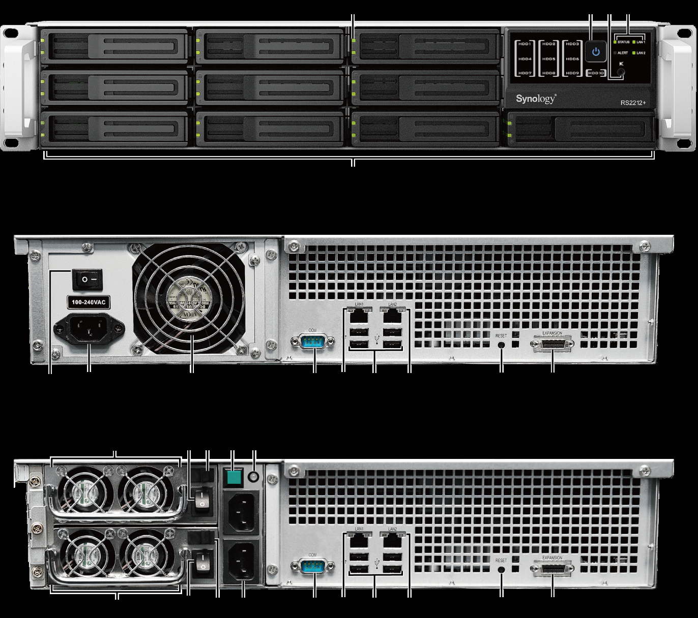 Elementy serwera Synology RackStation Lp. Element Lokalizacja Opis 1) Przycisk zasilania Panel przedni Przycisk zasilania służy do włączania i wyłączania serwera Synology RackStation.