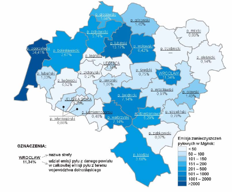 82 Wykres 13. Emisja zanieczyszczeń pyłowych w poszczególnych powiatach województwa dolnośląskiego w 2004 r.