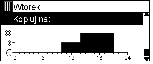 Regulacja temperatury pomieszczeń Nastawa stałej regulacji temperatury... (ciąg dalszy) Kopiowanie programu czasowego na inne dni tygodnia Nacisnąć następujące przyciski: 6. ½ w celu potwierdzenia. 1.