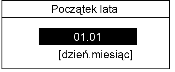 W celu przeprowadzenia wymaganej nastawy należy aktywować poziom serwisu (patrz strona 51). Menu główne > Ogrzewanie > Mieszkanie > Tryb letni > Początek/koniec lata Nacisnąć następujące przyciski: 1.