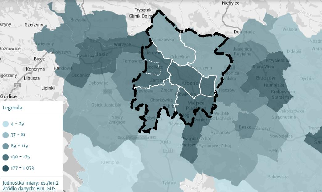 Mapa 2. Gęstość zaludnienia w gminach objętych planem transportowym Źródło: Opracowanie własne na podstawie mapy interaktywnej dostępnej na stronie: http://www.mojapolis.pl/ (dostęp: 13.10.2014 r.