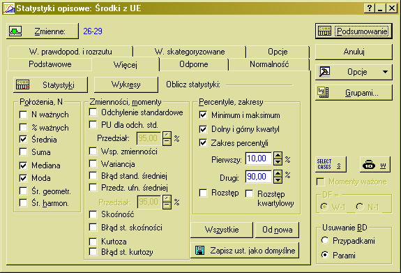 Wyznaczanie miar położenia W oknie STATYSTYKI OPISOWE wybieramy nowoutworzone