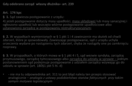 PRZYŚPIESZONE POSTĘPOWANIE UKŁADOWE Gdy odebrano zarząd własny dłużnika art. 239 Art. 174 kpc 1.