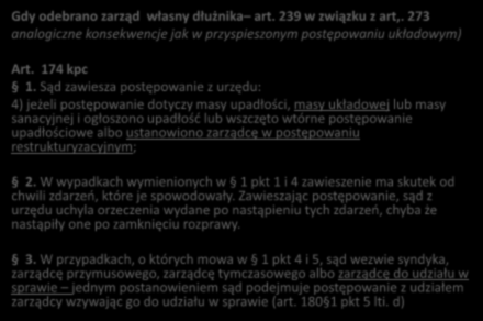 POSTĘPOWANIE UKŁADOWE Gdy odebrano zarząd własny dłużnika art. 239 w związku z art,. 273 analogiczne konsekwencje jak w przyspieszonym postępowaniu układowym) Art. 174 kpc 1.