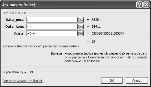 Na ekranie pojawi się okno dialogowe Argumenty funkcji. 7 Kliknij komórkę zawierającą datę początkową lub wpisz adres tej komórki.