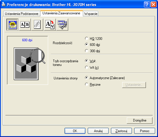 Sterownik i oprogramowanie Zakładka Ustawienia Zaawansowane Uwaga Jeśli używany jest system Windows 2000 lub XP, można uzyskać dostęp do zakładki Ustawienia Zaawansowane klikając opcję Preferencje