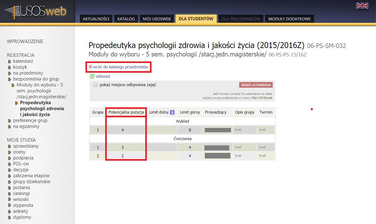 liczba miejsc w grupach zajęciowych modułu; hipotetyczna pozycja w kolejce chętnych, którą zająłby student wybierając daną grupę zajęciową (Rys. 4)