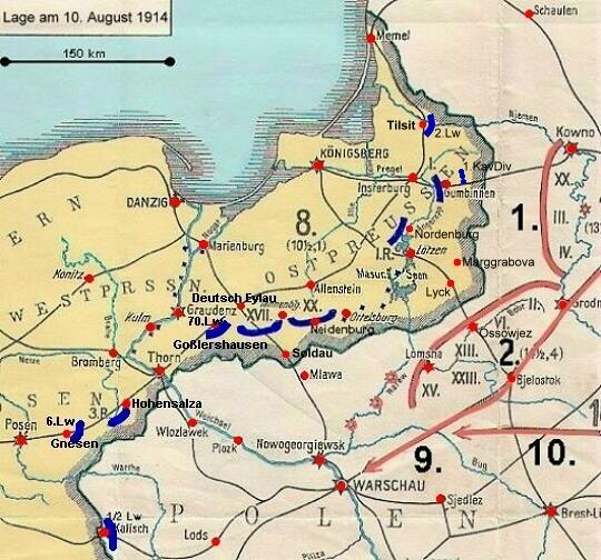 8 Armię gen. Maxa von Prittwitz und Gaffron tworzyły cztery korpusy armijne (dalej: KA): I KA gen. Hermanna von Francois, XVII KA gen.