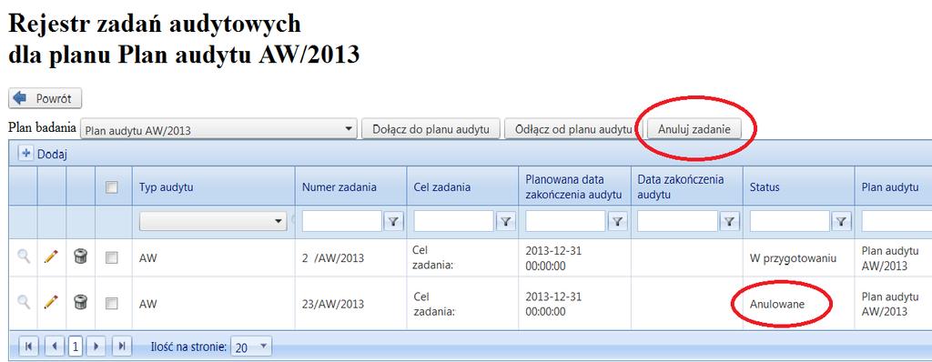 Plan badania otrzyma status W przygotowaniu, Niezrealizowane zadania w planie otrzymają status W przygotowaniu, Zadania zrealizowane utrzymają status Zatwierdzone zrealizowane, Zadania anulowane