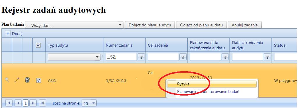 11.4 Wprowadzanie wyników badań audytowych / kontrolnych 11.4.1 Metoda pełna Aktualizację Mapy Ryzyka o wyniki przeprowadzonych badań audytowych / kontrolnych należy rozpocząć od odszukania konkretnego zadania audytowego / kontrolnego w formatce pn.