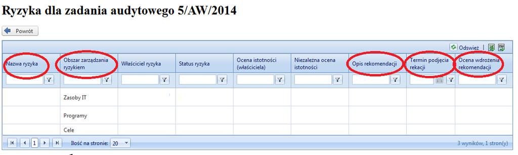 rekomendacji. W tym celu należy: Wybrać formatkę Rejestr zadań audytowych. Odszukać (np.