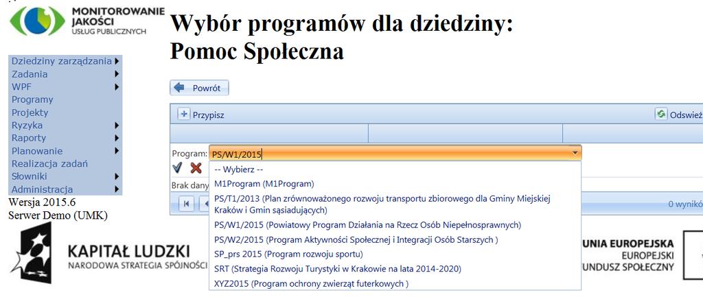 Rysunek 6 Rejestr programów należących do dziedziny 3.