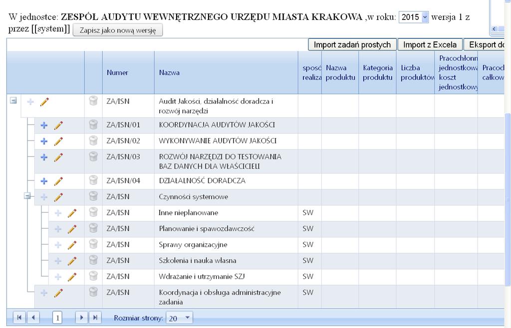 Rysunek 32 Planowanie zadania - edycja zadania Jeśli zadanie jest kontynuowane i struktura działań została zachowana NALEŻY kliknąć na ikonie edycji ołówka w pierwszym wierszu w tabeli (Rysunek 32