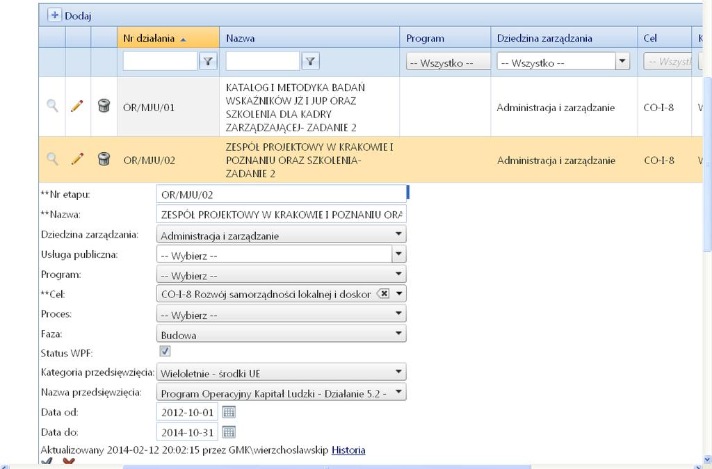 dla Etapów zakładka LIMITY WPF widoczna jest na końcu menu kontekstowego po umieszczeniu kursora na wybranym wierszu na liście Działań.