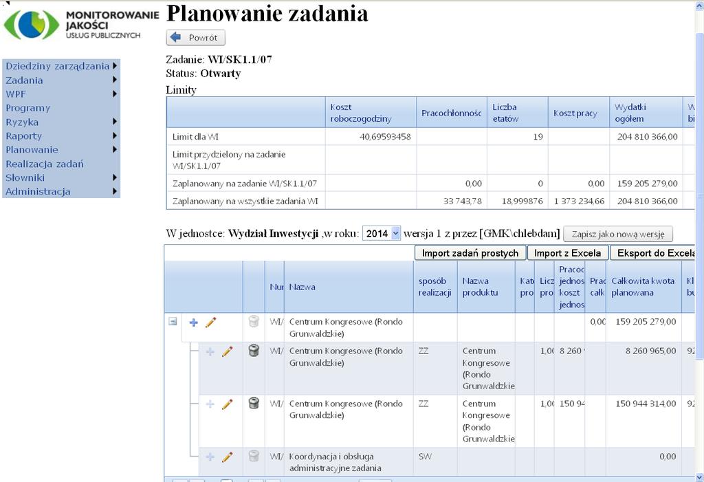 Dolna tabelka zawiera formatkę do planowania. Widzimy w niej wszystkie ETAPY zdefiniowane wcześniej i dla każdego z nich możemy dodać potrzebną ilość wierszy planu.