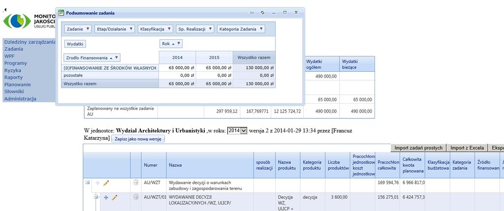 Rysunek 45 Planowanie zadania - podsumowanie zadania Następnie z niebieskiego paska przeciągamy myszką etykiety wymiarów raportu potrzebnych do zbudowania raportu odpowiadającego zakresowi danych dla