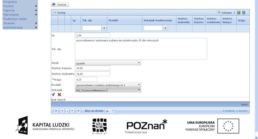 8.6 Wybór wskaźników dla monitorowania celów szczegółowych Po zdefiniowaniu wskaźników dla produktów zadania wracamy do listy zadań, ustawiamy kursor na naszym zadaniu i z menu pod prawym klawiszem