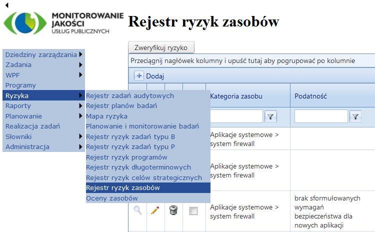 Operację scalania ryzyk należy przeprowadzić w formatce Rejestr ryzyk zasobów, poprzez: zaznaczenie pierwszego ryzyka, równoczesne zaznaczenie lewym klawiszem myszy drugiego (oraz ewentualnie